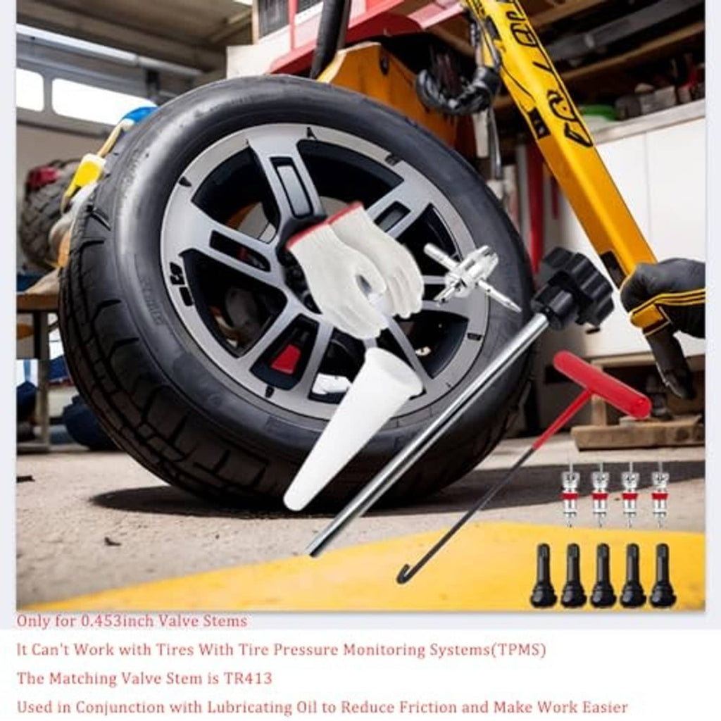 Tire valve stem removal kit in use on a wheel, with glove and valve core tools nearby