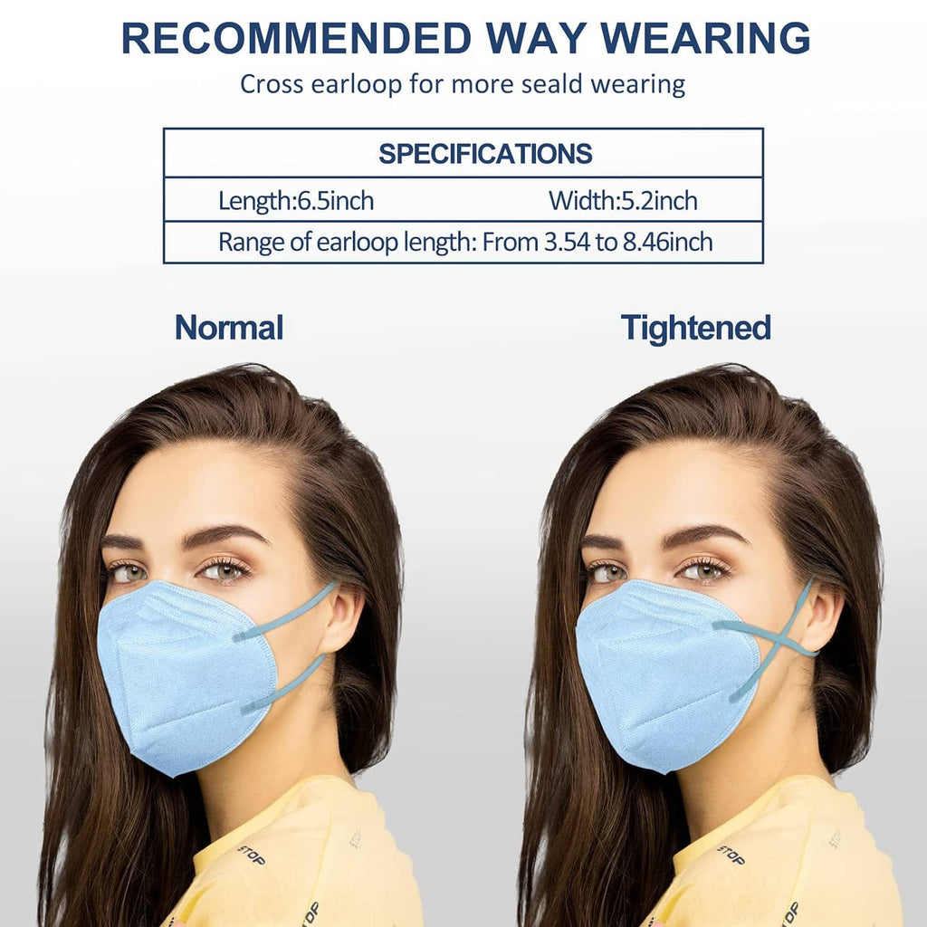Light blue KN95 face mask showing snug vs normal ear-loop fit on model