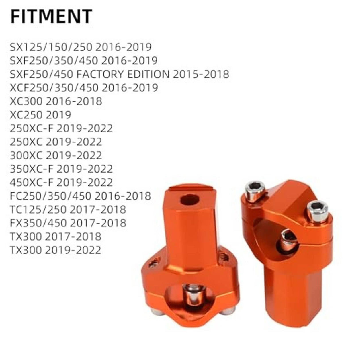Orange handlebar riser clamps pair with center tube opening and mounting bolts
