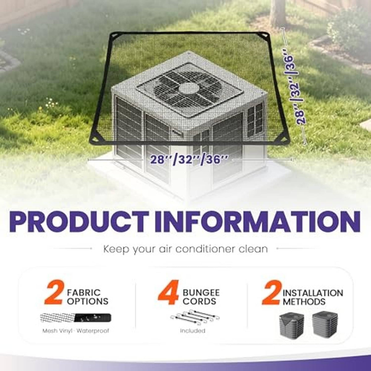 Black mesh air conditioner cover with labeled size dimensions: 28 x 32 x 36 in