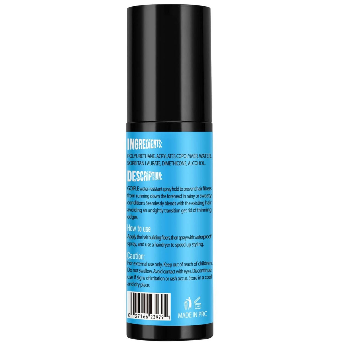 Hair fiber water-resistant spray bottle back label with barcode and ingredient text