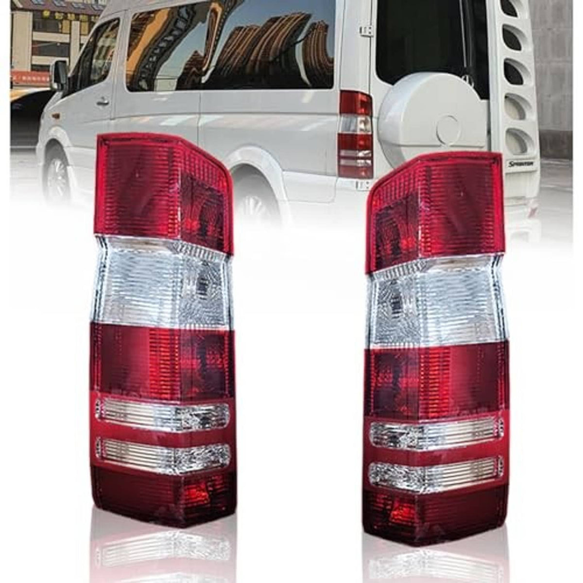 Two rear tail lights with red and clear lenses, left and right pair view.