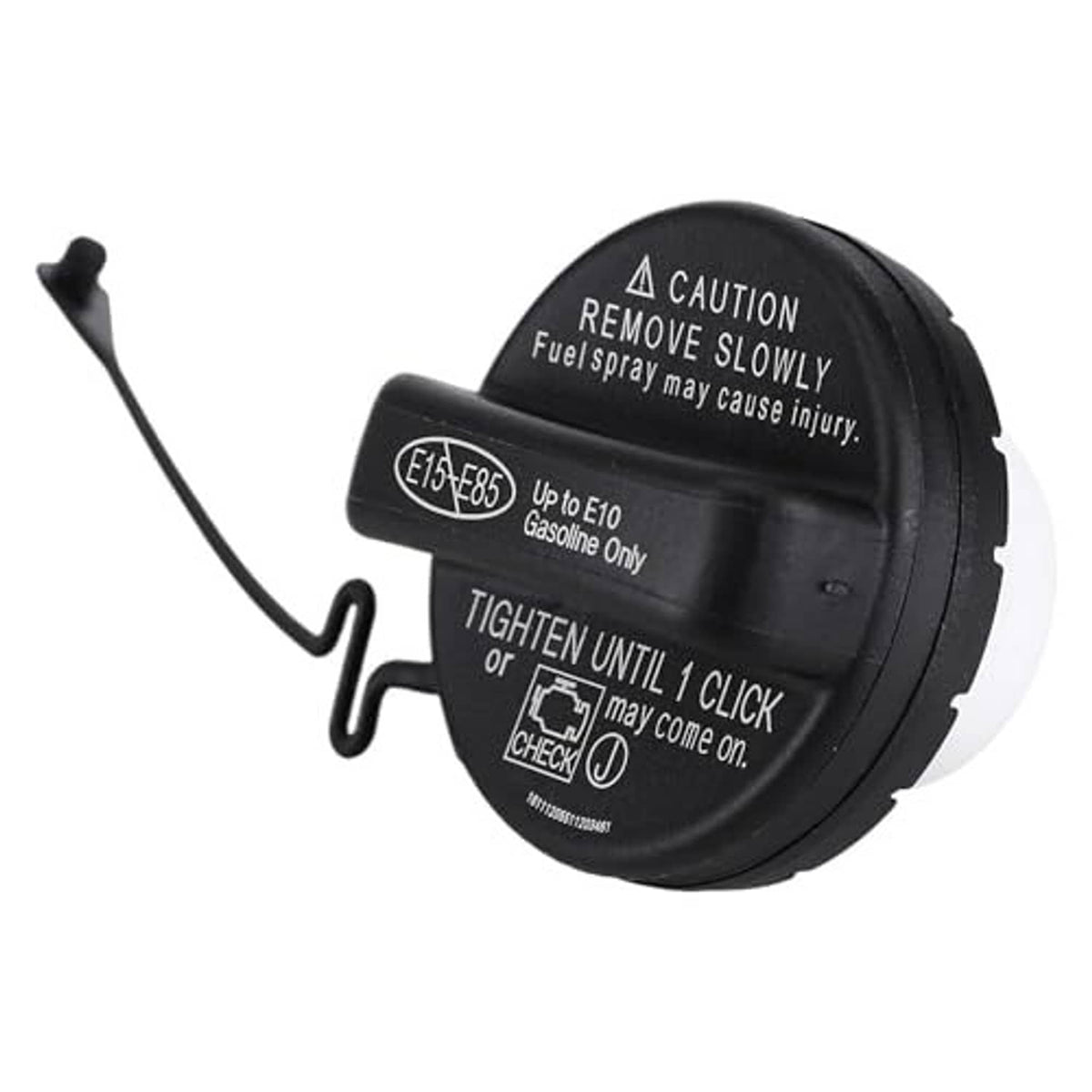 Black fuel tank gas cap angled view with attached hose and white base ring