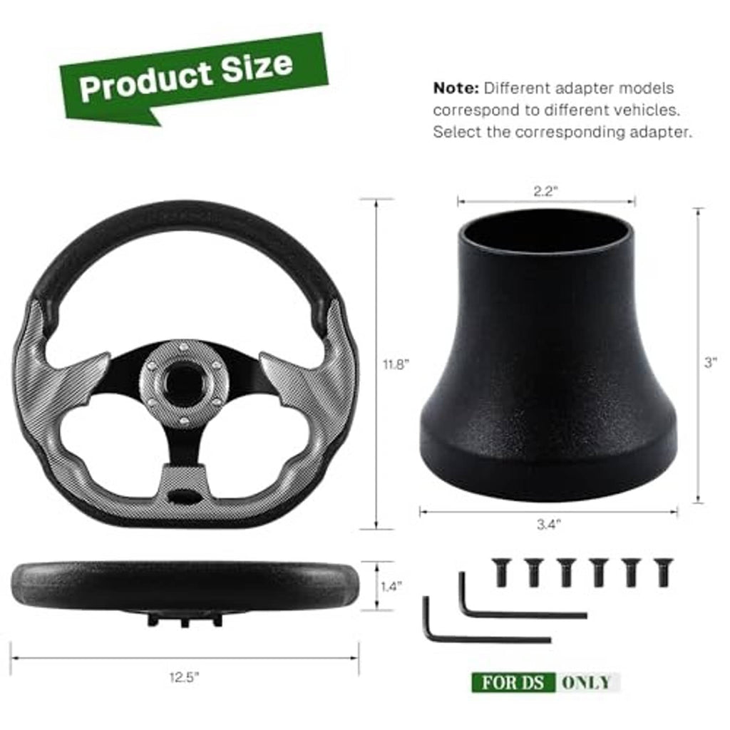Golf cart steering wheel accessory set with black adapter and mounting hardware (size diagram)