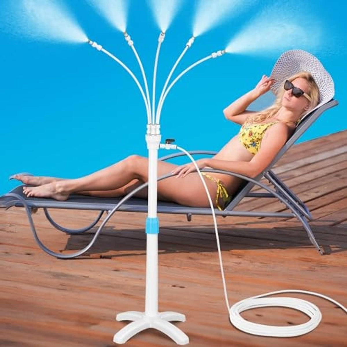 White mist cooling stand with multi-nozzle sprayer and connected water hose