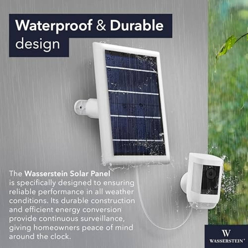 White solar panel on wall mount with raindrops, connected to a charging cable