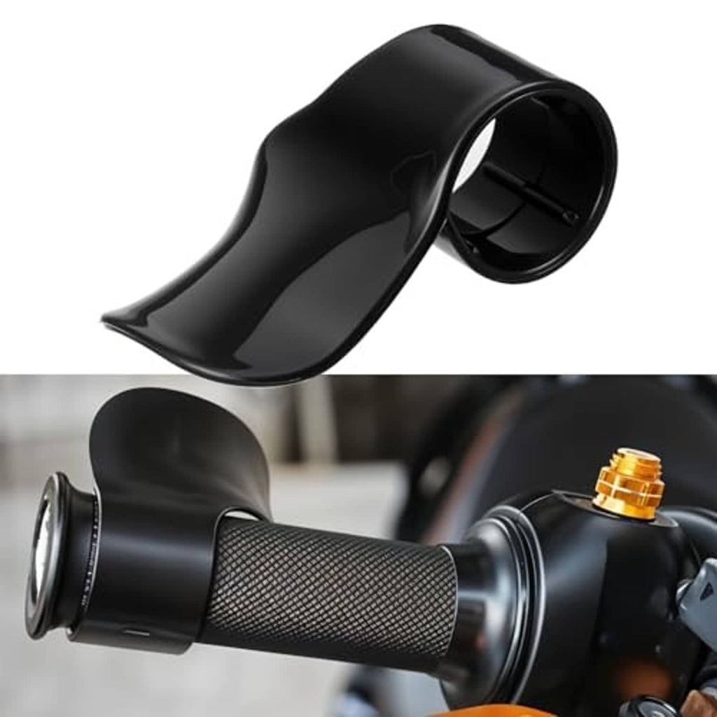 Black motorcycle throttle assist grip with curved mount sleeve and end cap