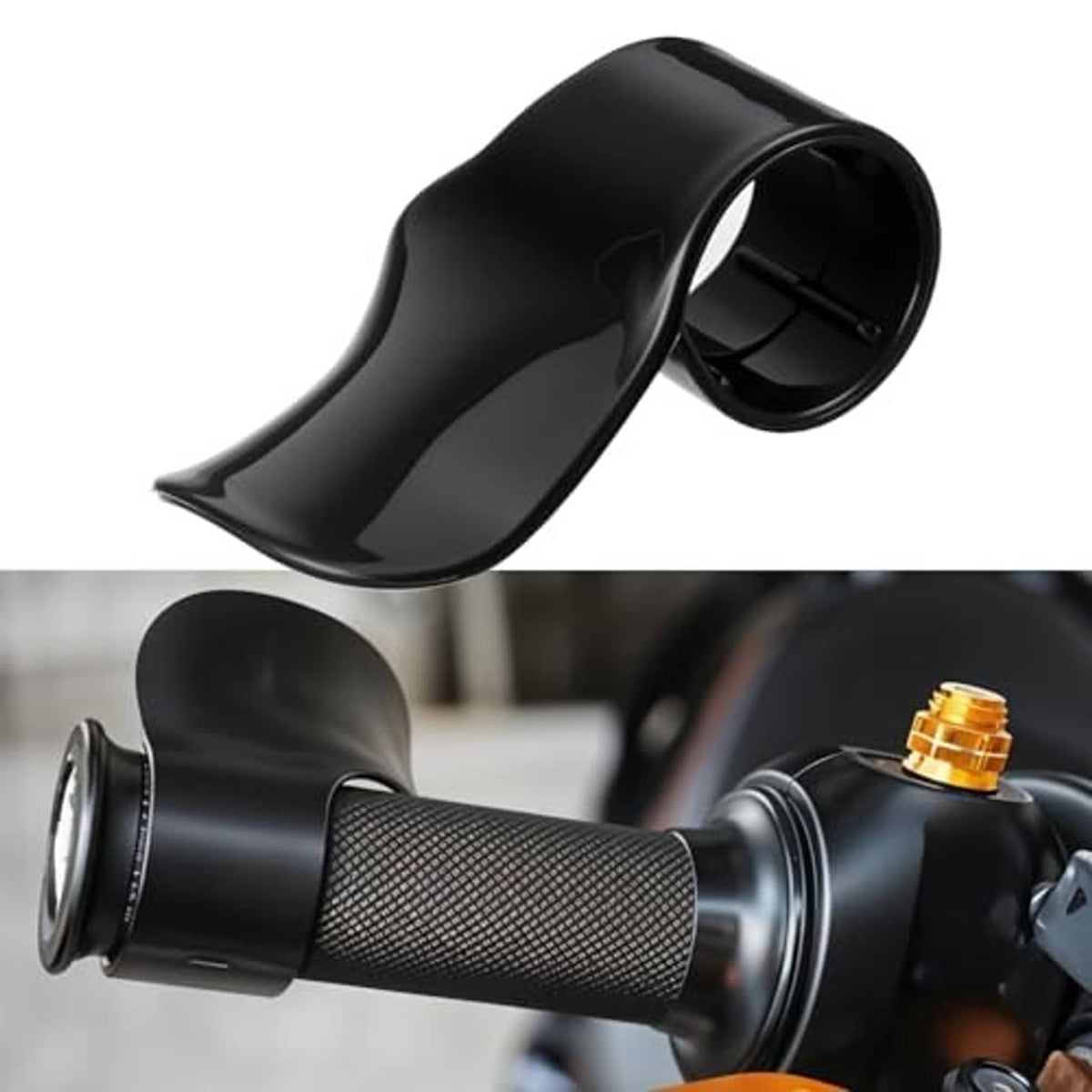 Black motorcycle throttle assist grip with curved mount sleeve and end cap