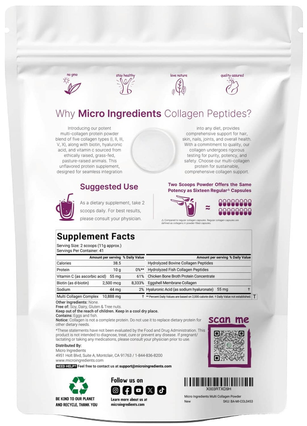 Multi collagen peptides powder pouch back panel with supplement facts and barcode