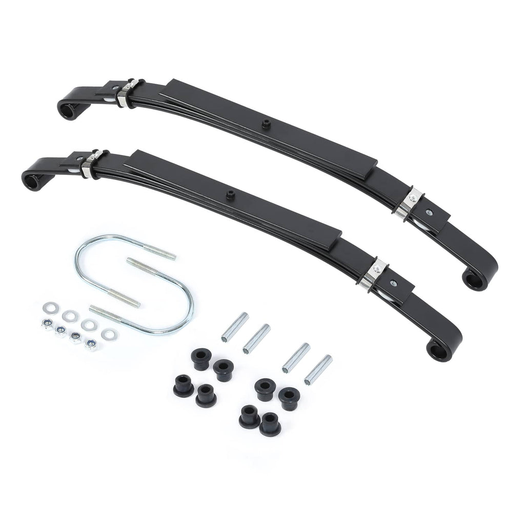 Pair of black 3-leaf rear leaf springs with bushings kit and installation hardware