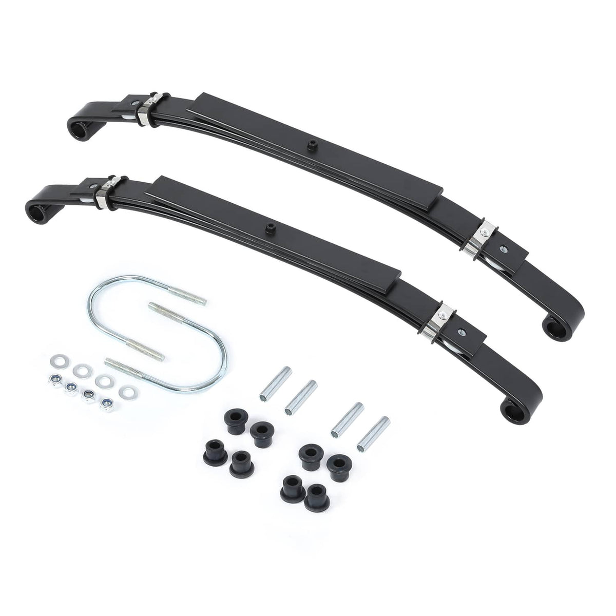 Pair of black 3-leaf rear leaf springs with bushings kit and installation hardware