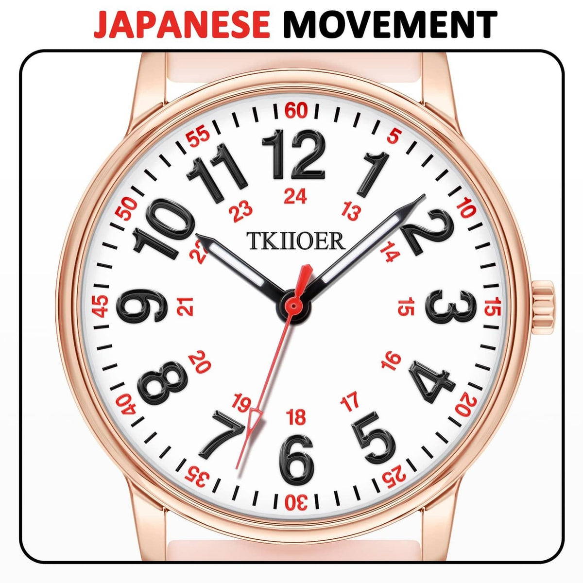 Rose pink analog watch with large numerals, TKIIOER logo, and red second hand