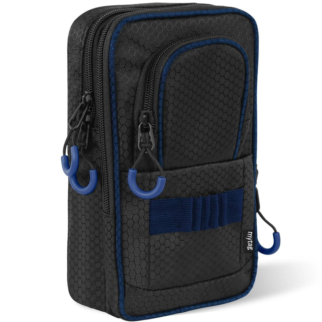 Black golf ball pouch front with blue hook loops, honeycomb fabric and double zips