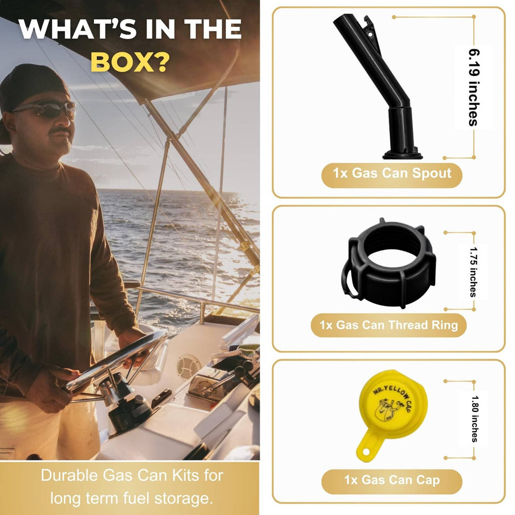 Gas can spout, threaded ring, and yellow gas cap replacement kit components
