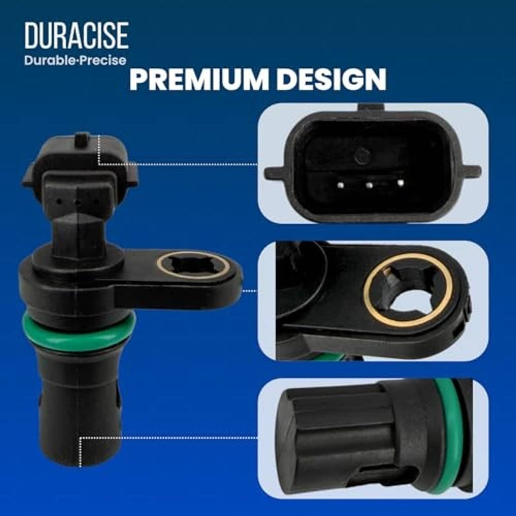 Camshaft position sensor showing electrical plug, black housing, and green seal
