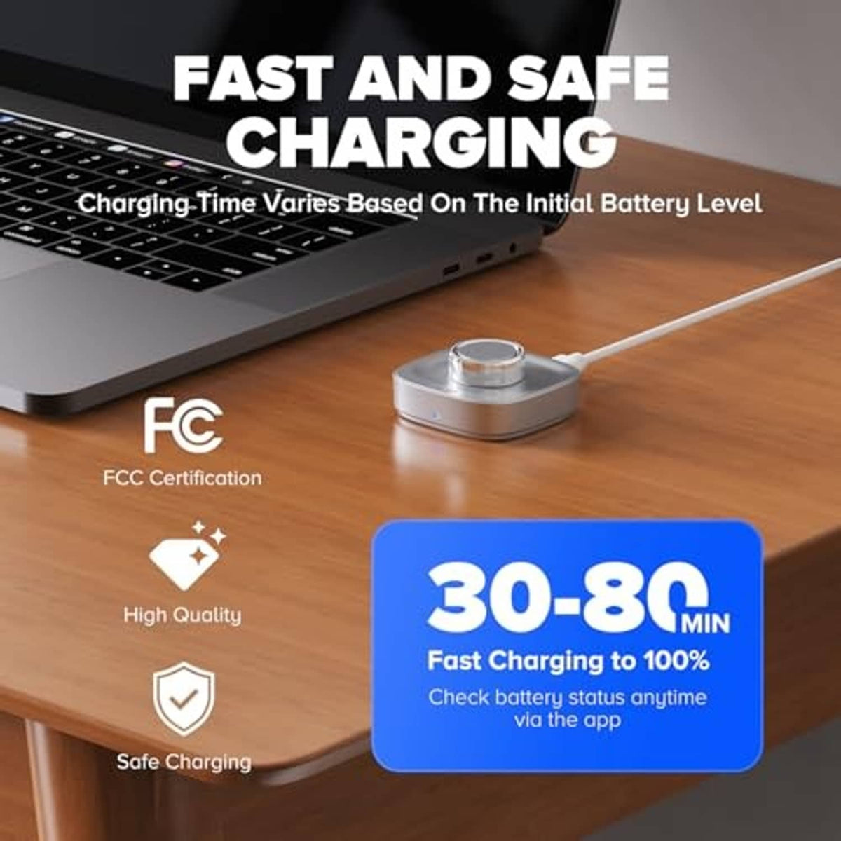 Light silver ring charger dock on a desk with cable and small cradle