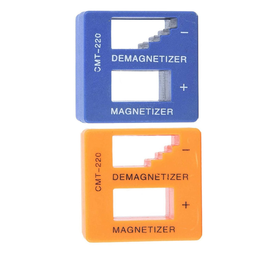 2-in-1 magnetizer/demagnetizer tool set, blue and orange blocks with +/- markings