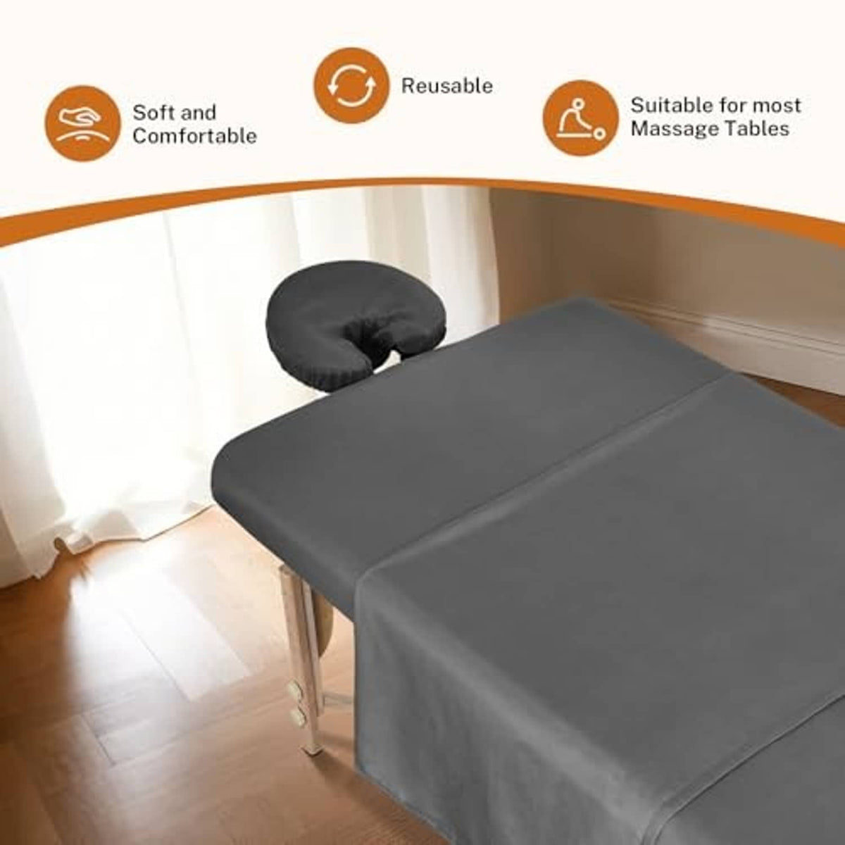 Grey massage table sheets laid smooth on table with round headrest pillow cover