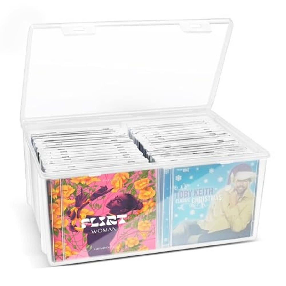 Clear CD storage box with lid open, CDs arranged in two rows for easy viewing