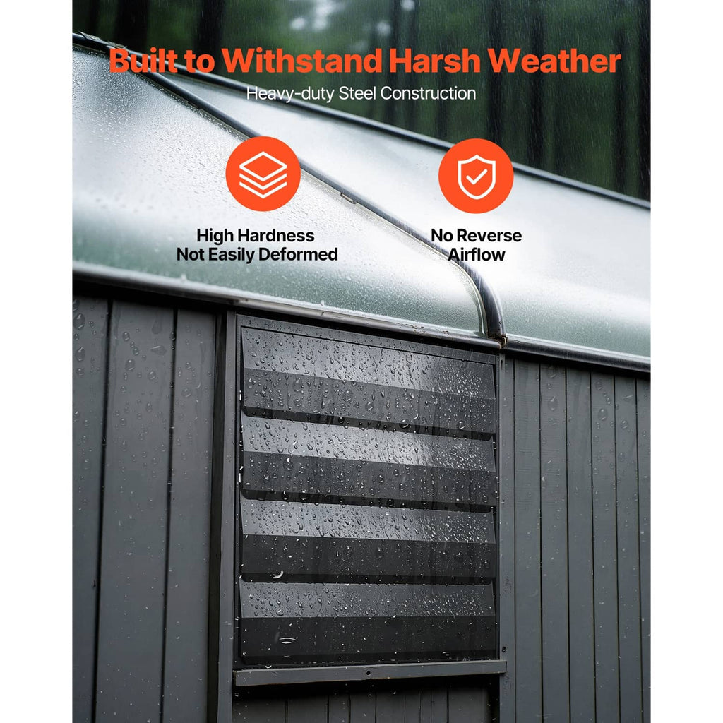 Wall-mount exhaust fan housing on exterior wall with rain-splash droplets
