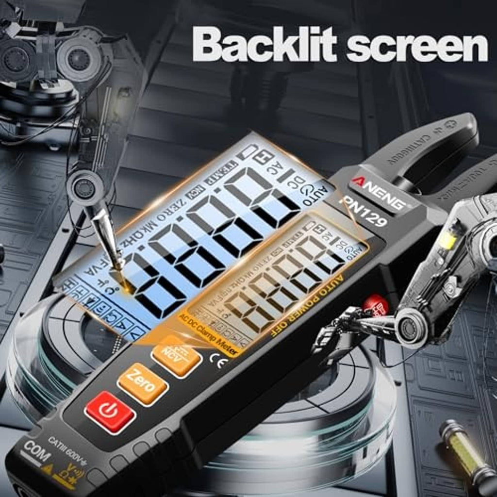 Clamp multimeter tester with backlit LCD screen in dark device-style display setting