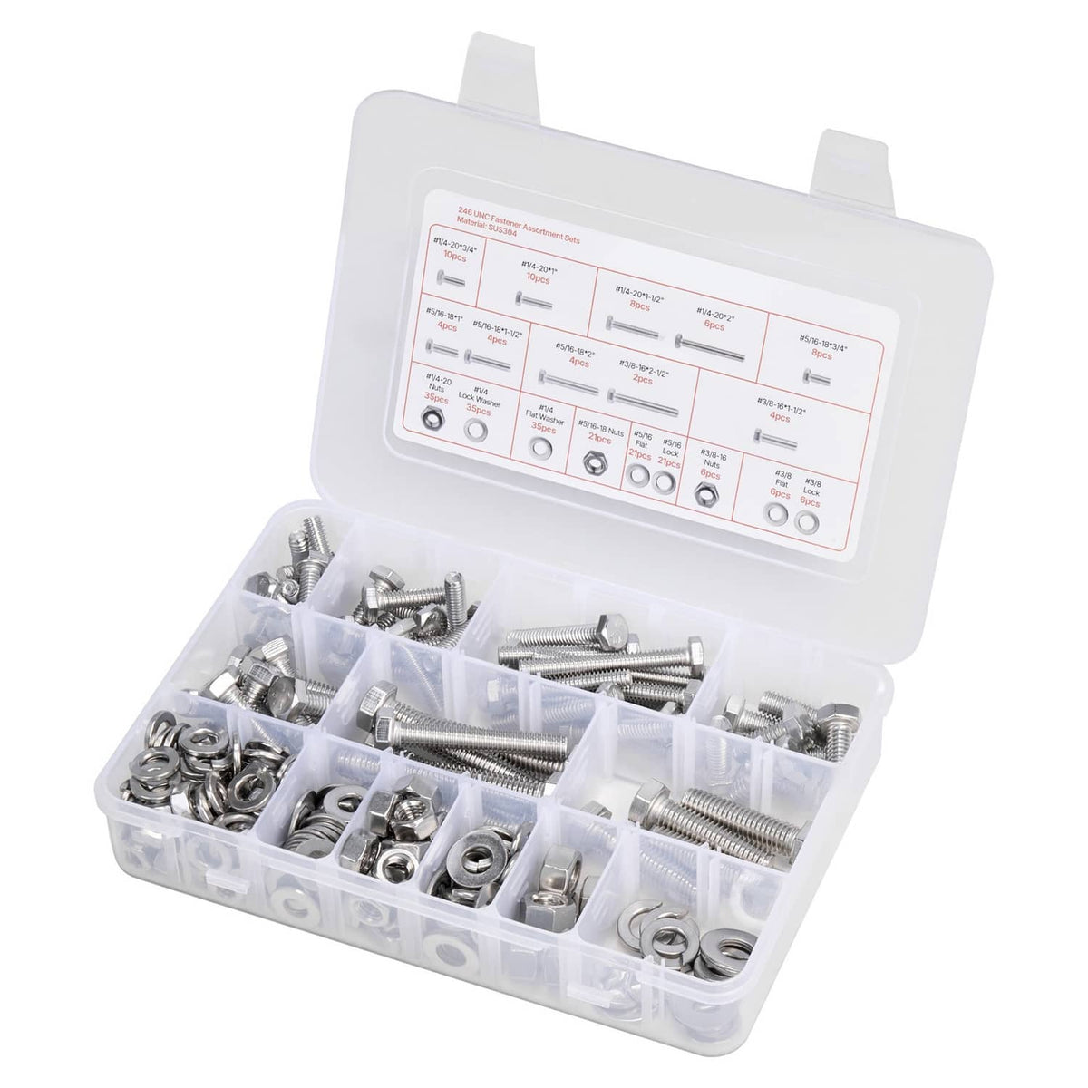 Stainless steel bolt and nut assortment kit with open clear storage compartments