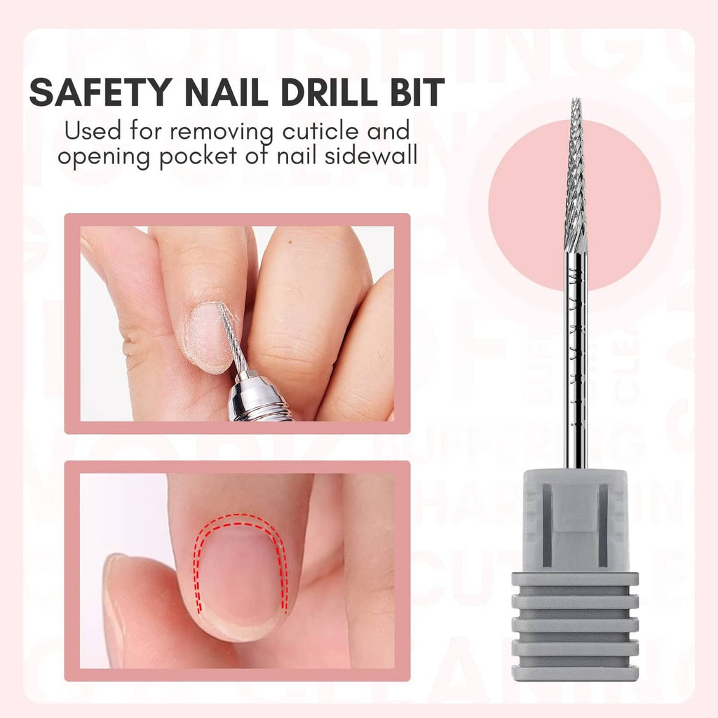 Carbide cuticle nail drill bit with gray safety collar and textured metal cutting shaft
