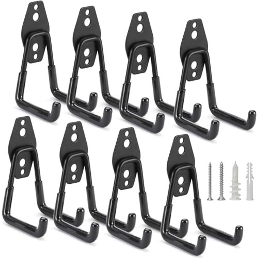 8-pack black heavy-duty U hooks with mounting plates and screws for wall storage