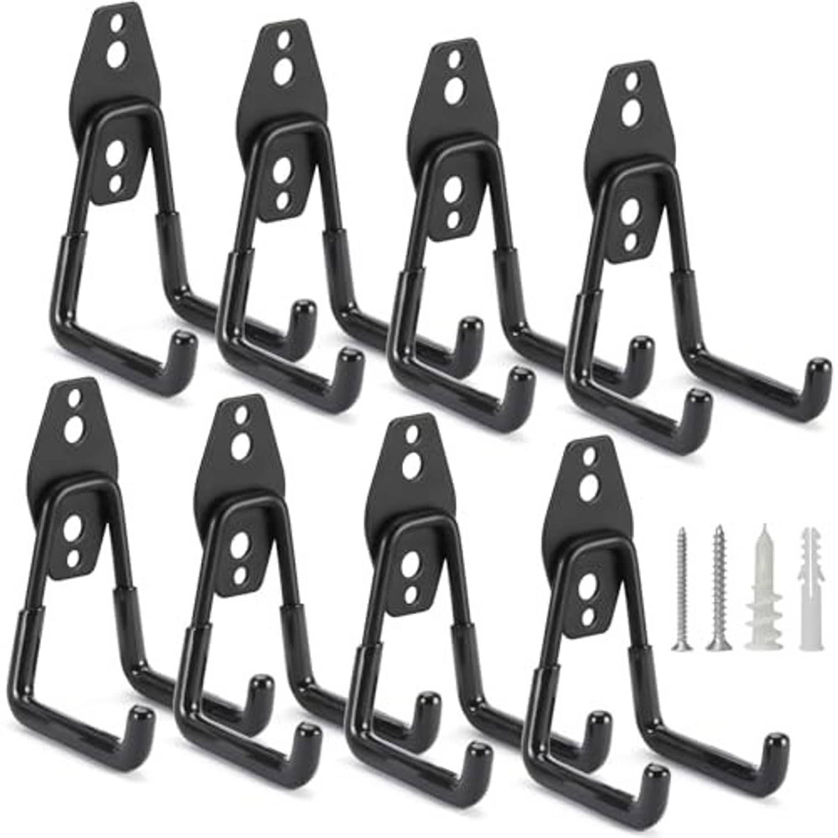 8-pack black heavy-duty U hooks with mounting plates and screws for wall storage