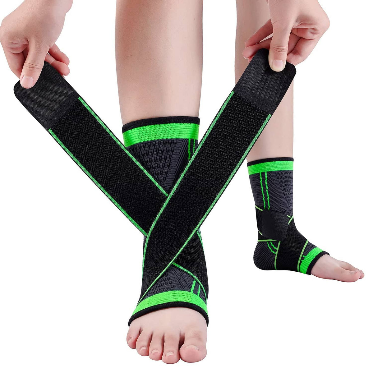 Black breathable ankle brace with neon green compression straps, worn on foot