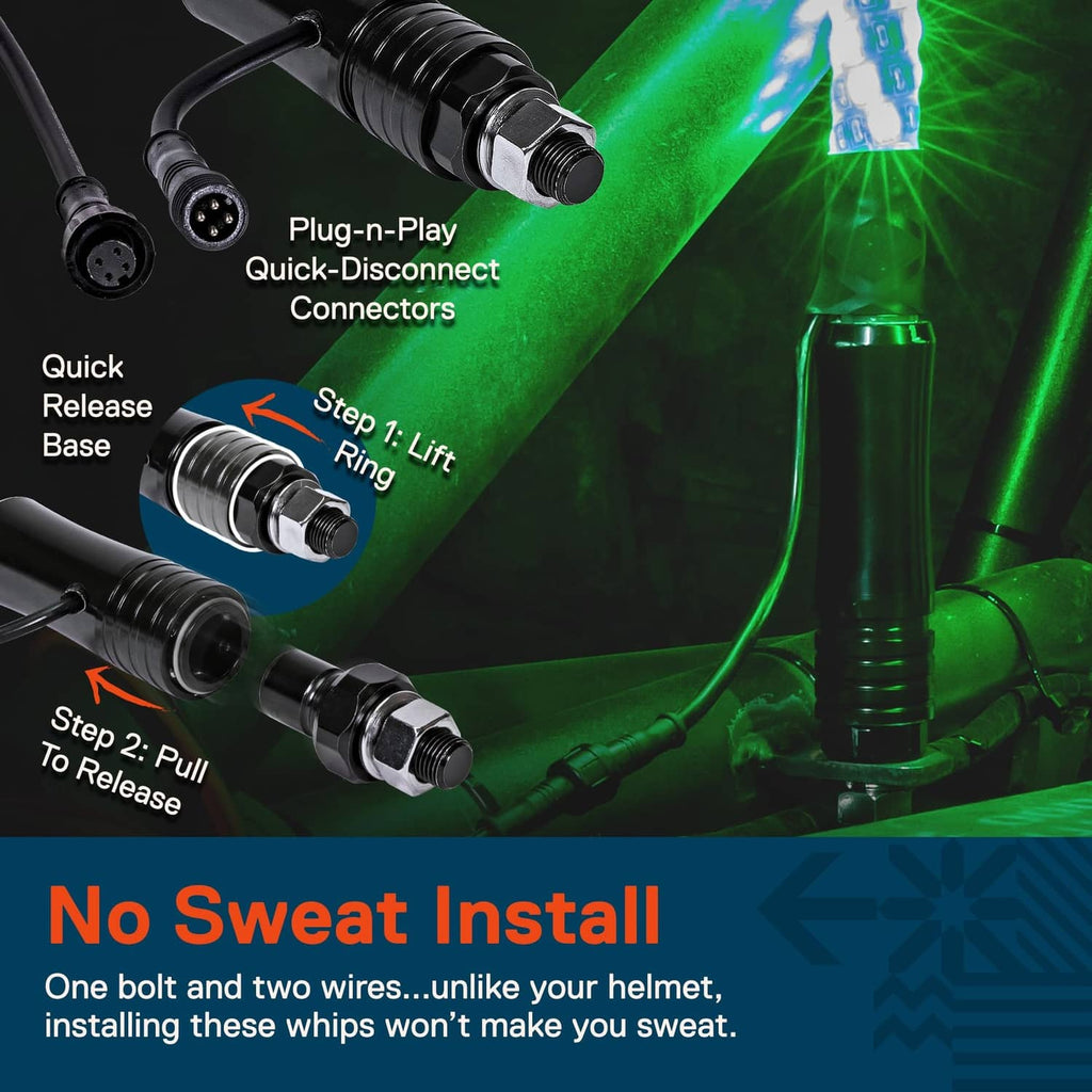 Spiral LED whip lights with plug-and-play quick disconnect connectors and cable ends