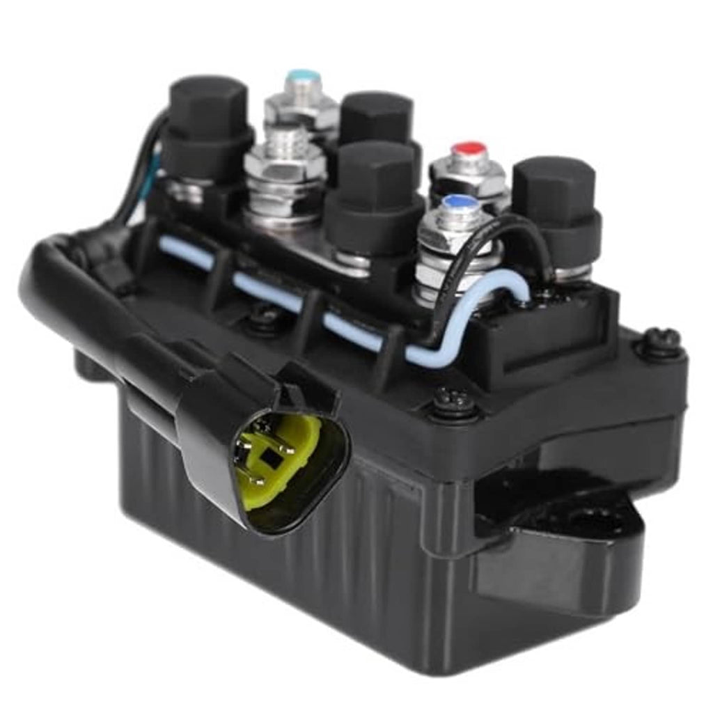Black trim tilt relay assembly with mounted terminals, red cap, and blue wire