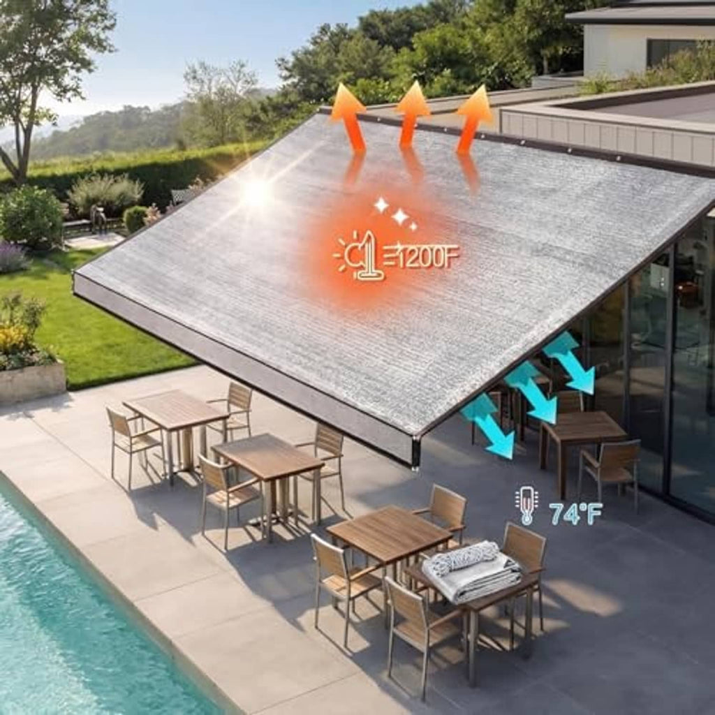 Reflective aluminum shade cloth canopy tarp spread over patio, silver surface with brown trim