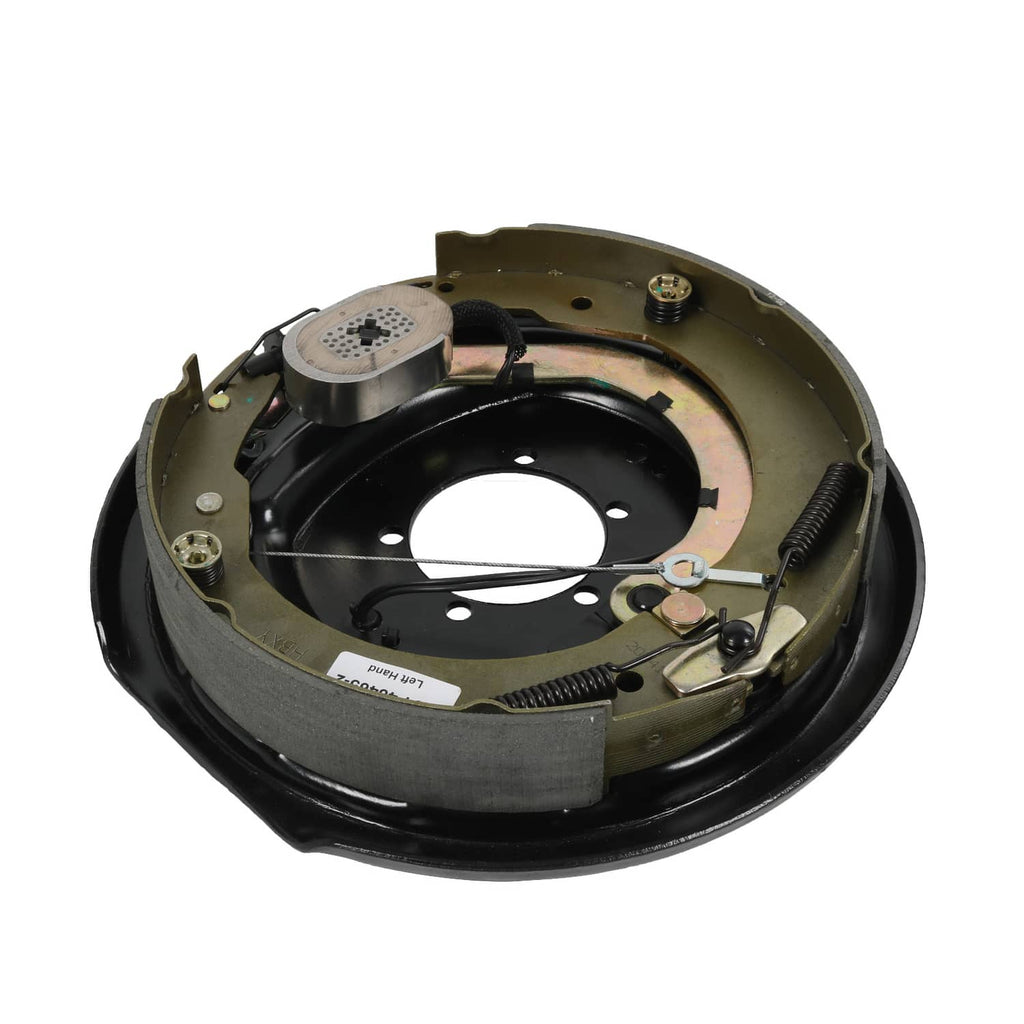 Electric trailer brake backing plate with self-adjusting actuator, black and olive finish