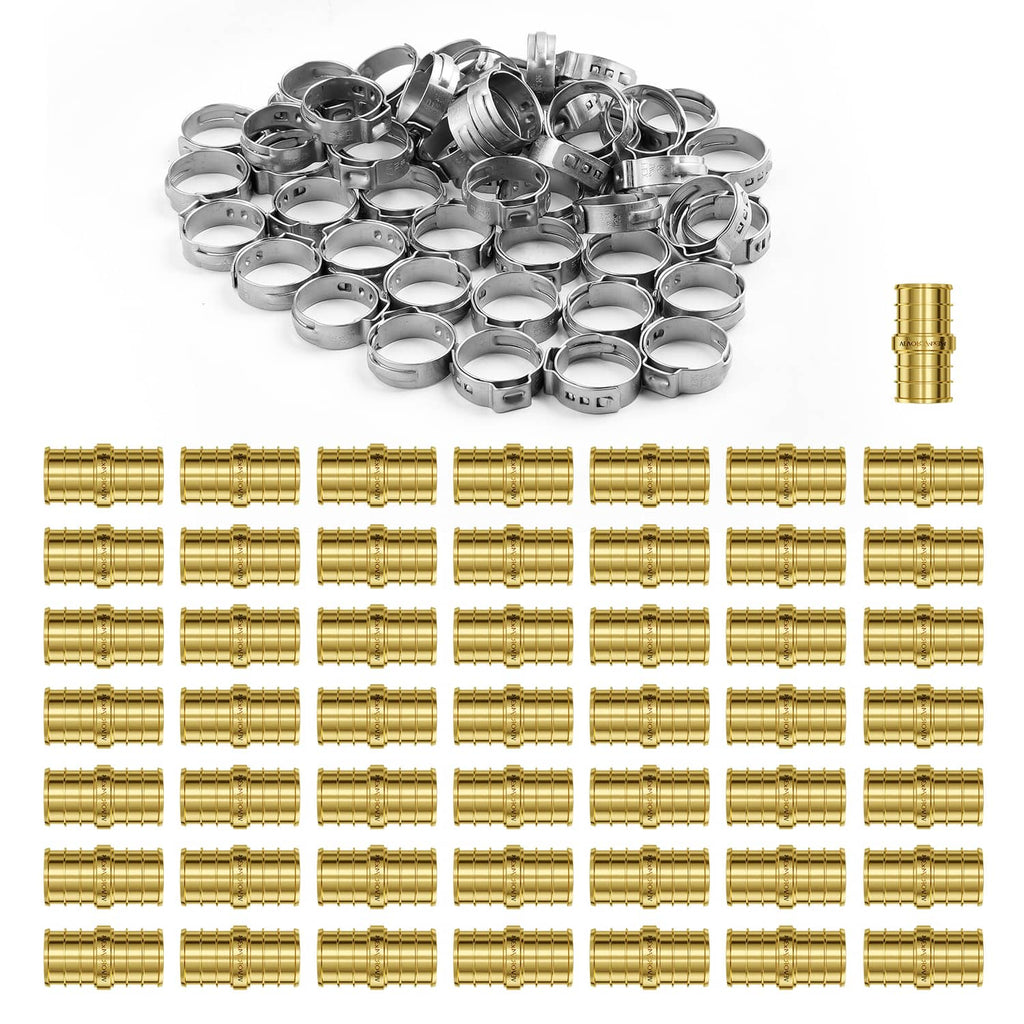 Brass clamp-style straight-through pipe fittings kit with metal clamps, assortment of pieces