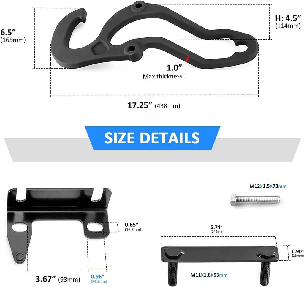Black tow hook bracket showing overall shape with included mounting hardware