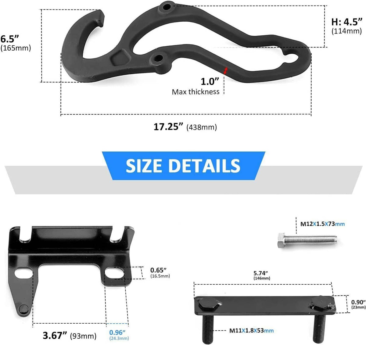 Black tow hook bracket showing overall shape with included mounting hardware