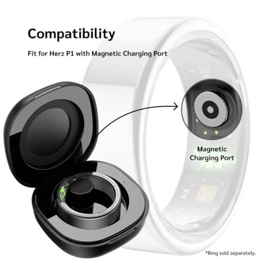 Black smart ring charging case with magnetic charging port shown