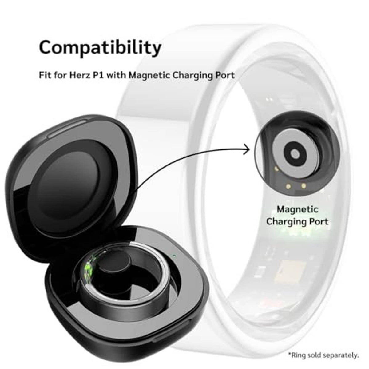 Black smart ring charging case with magnetic charging port shown