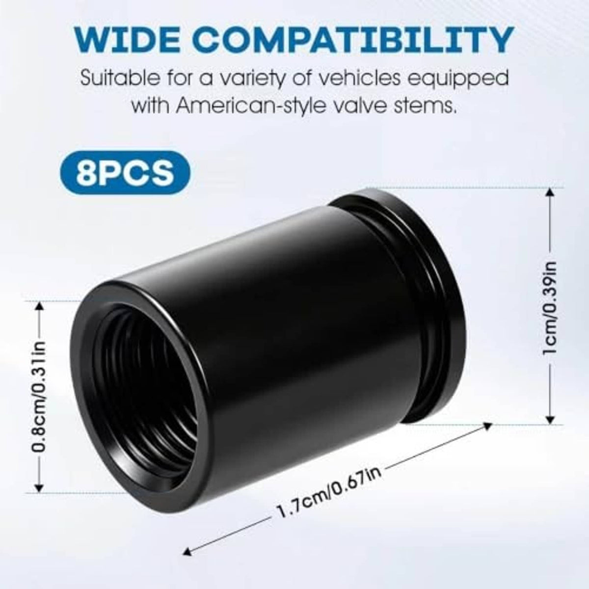 Black aluminum valve stem caps, side view with threaded opening and circular top