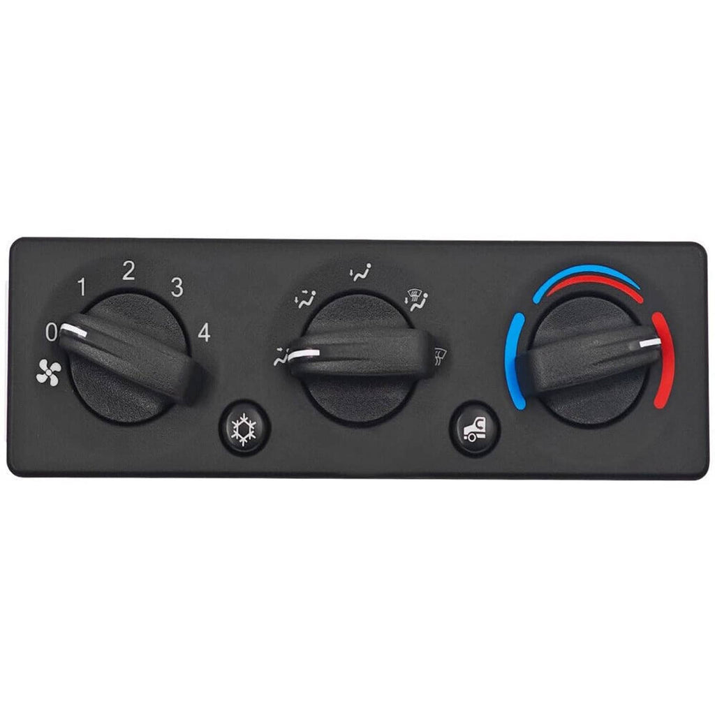 A/C climate control module panel with numbered airflow knob, central switch, and blue/red dial