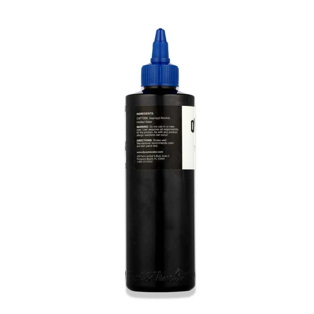 Dynamic ink bottle with blue cap; back label with instructions and markings.