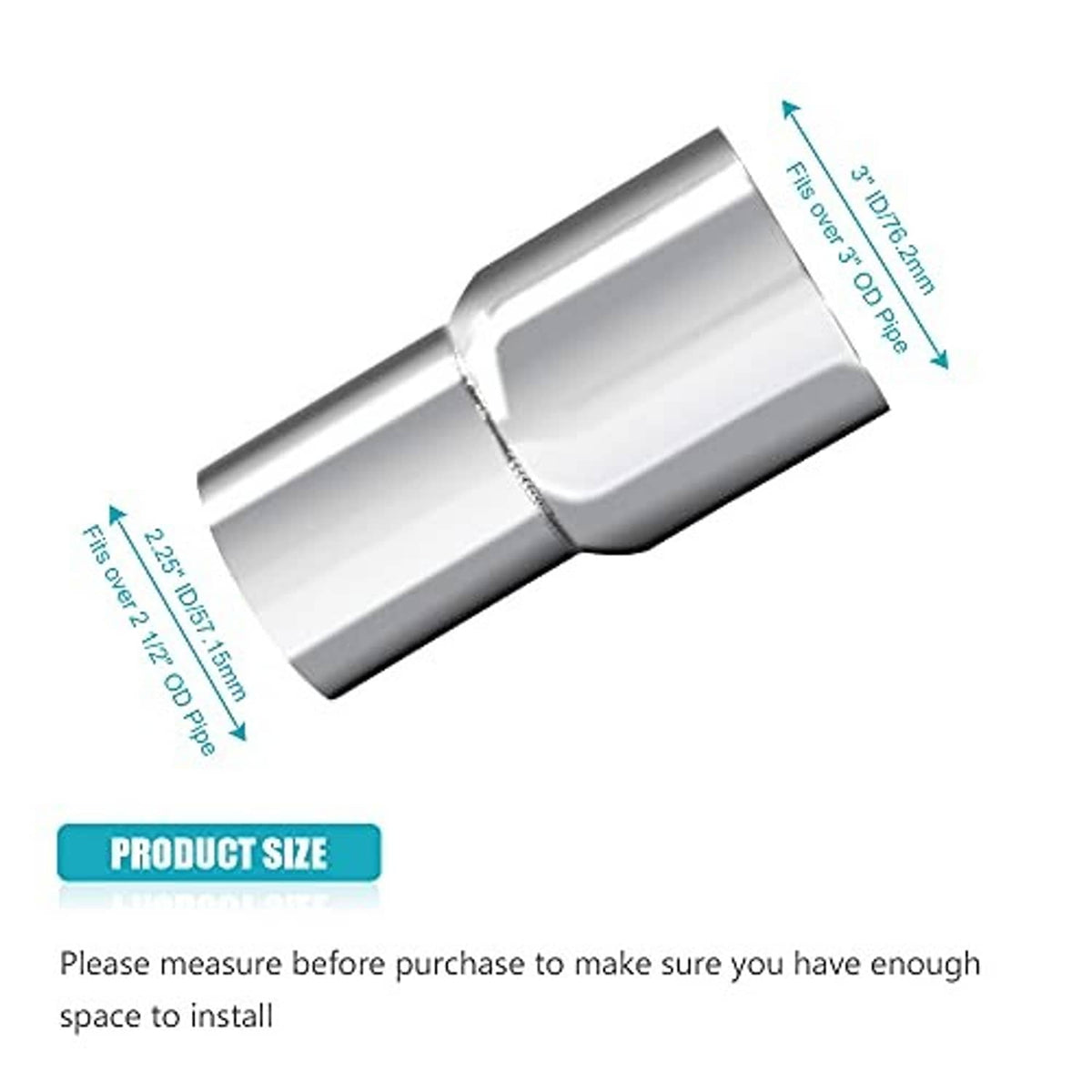 Stainless exhaust pipe reducer with measurement callouts, 2.5 in and 3 in sizes