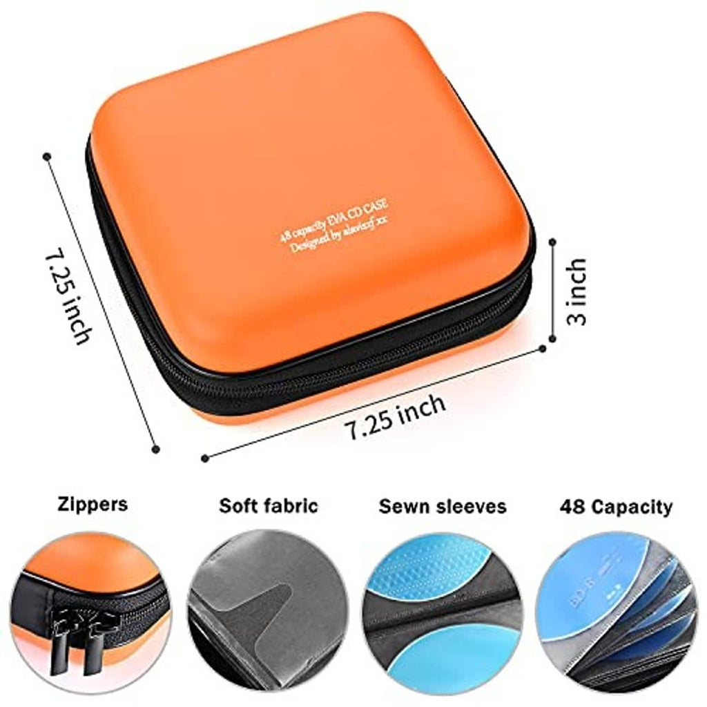 Orange hard EVA disc case, 7.25 x 3 x 1.5 in, black zipper and trim
