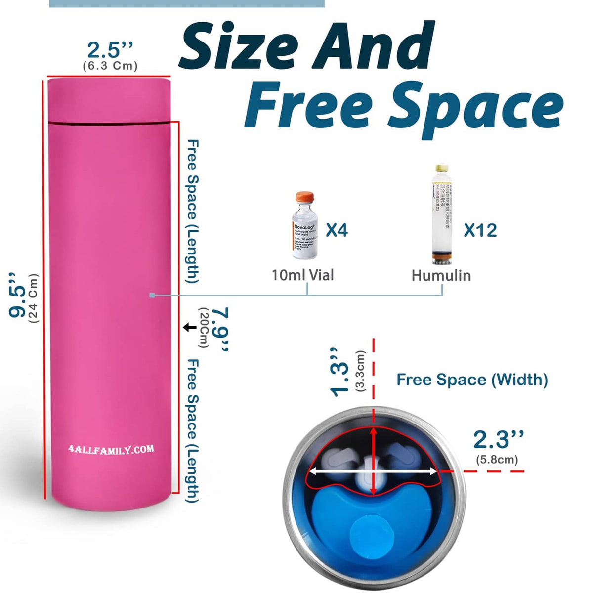 Insulin cooler travel case size graphic showing pink case dimensions and free space