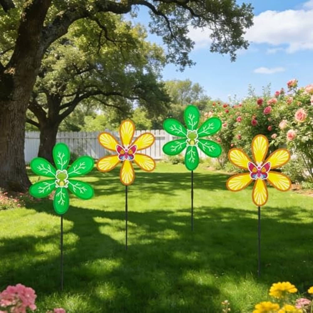 Garden wind spinner set of four: green leaf petals with yellow petals and butterfly centers