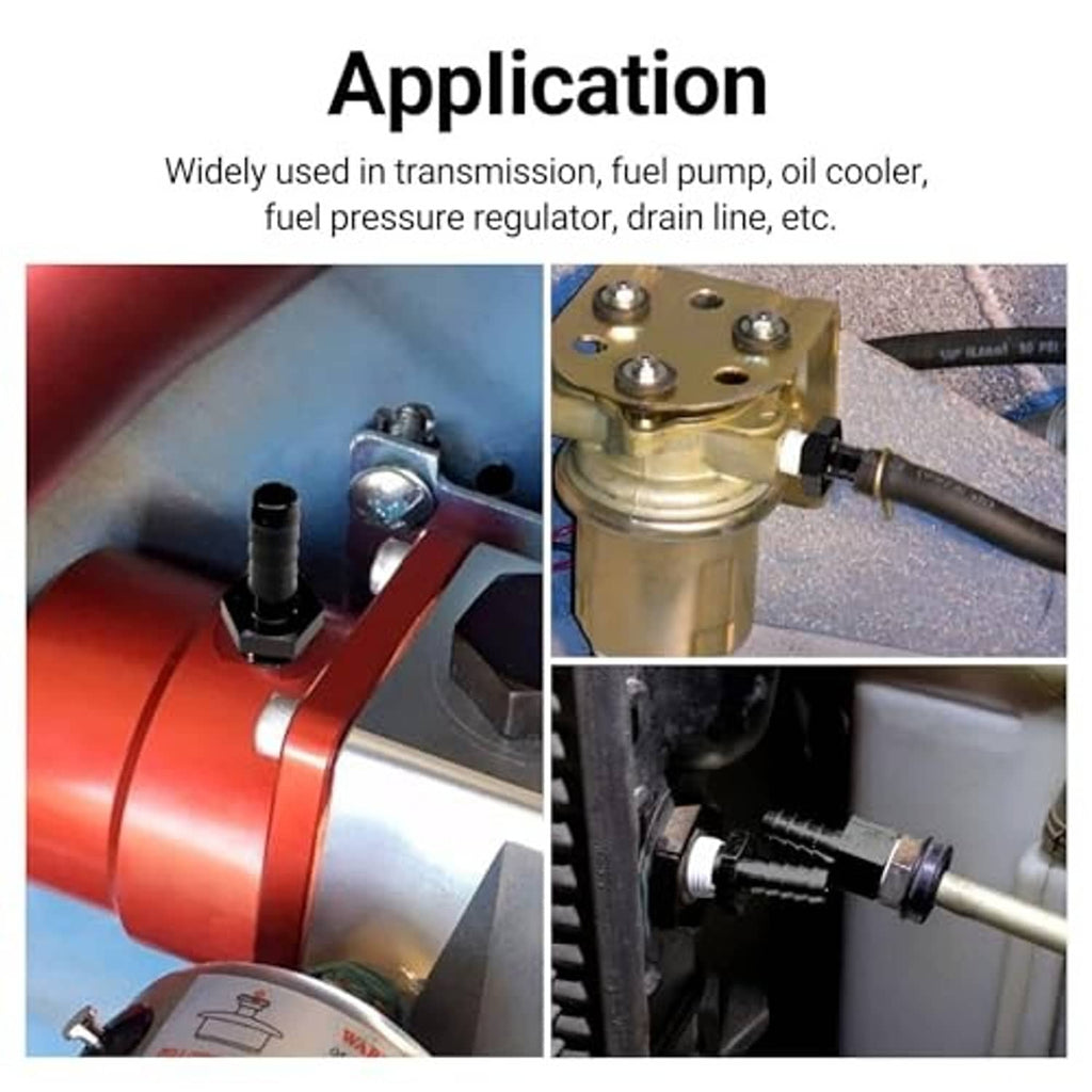 Black hose barb adapter installed on a fuel line connection with barbed end