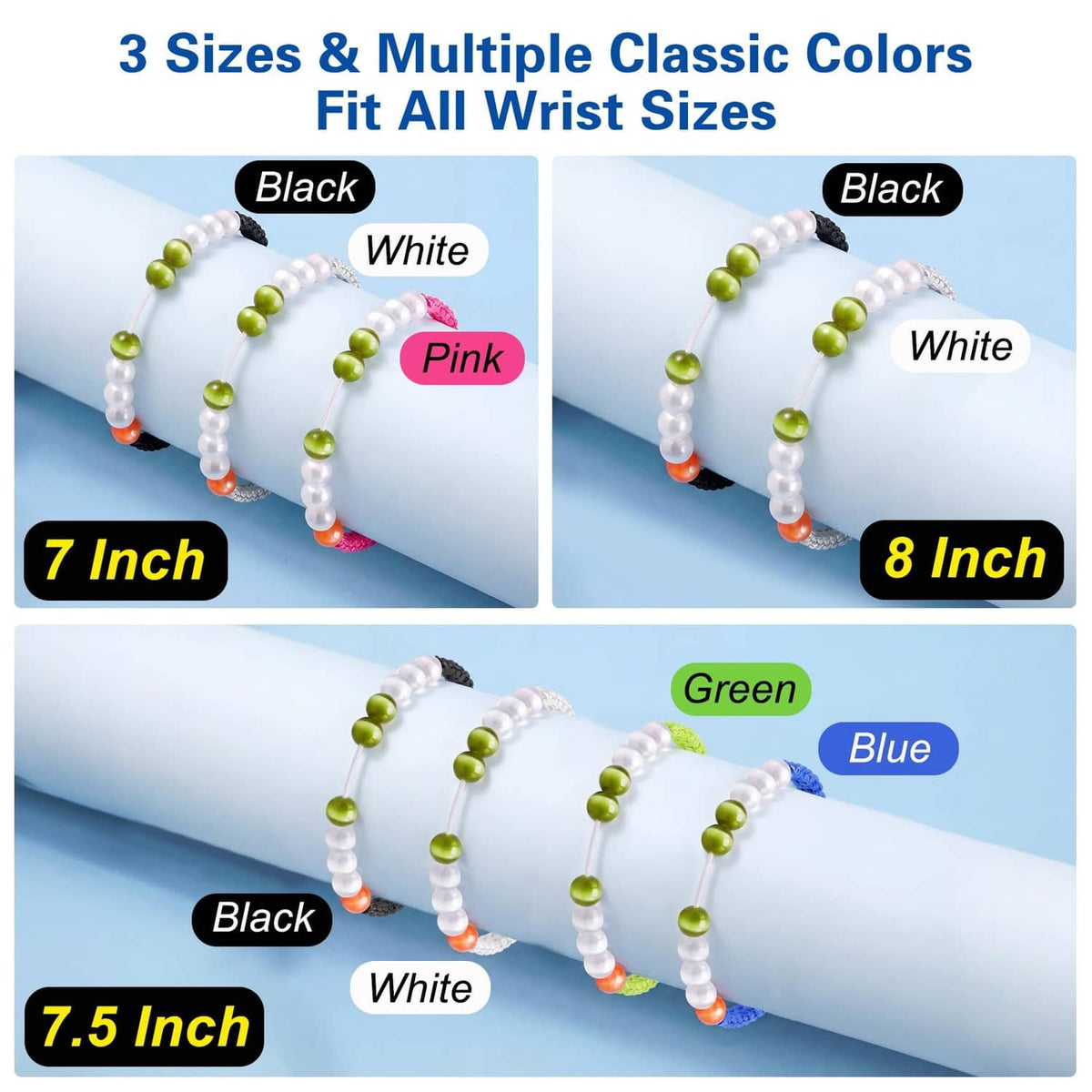 Braided stroke counter bracelets with magnetic clasp in black and white with color-bead options