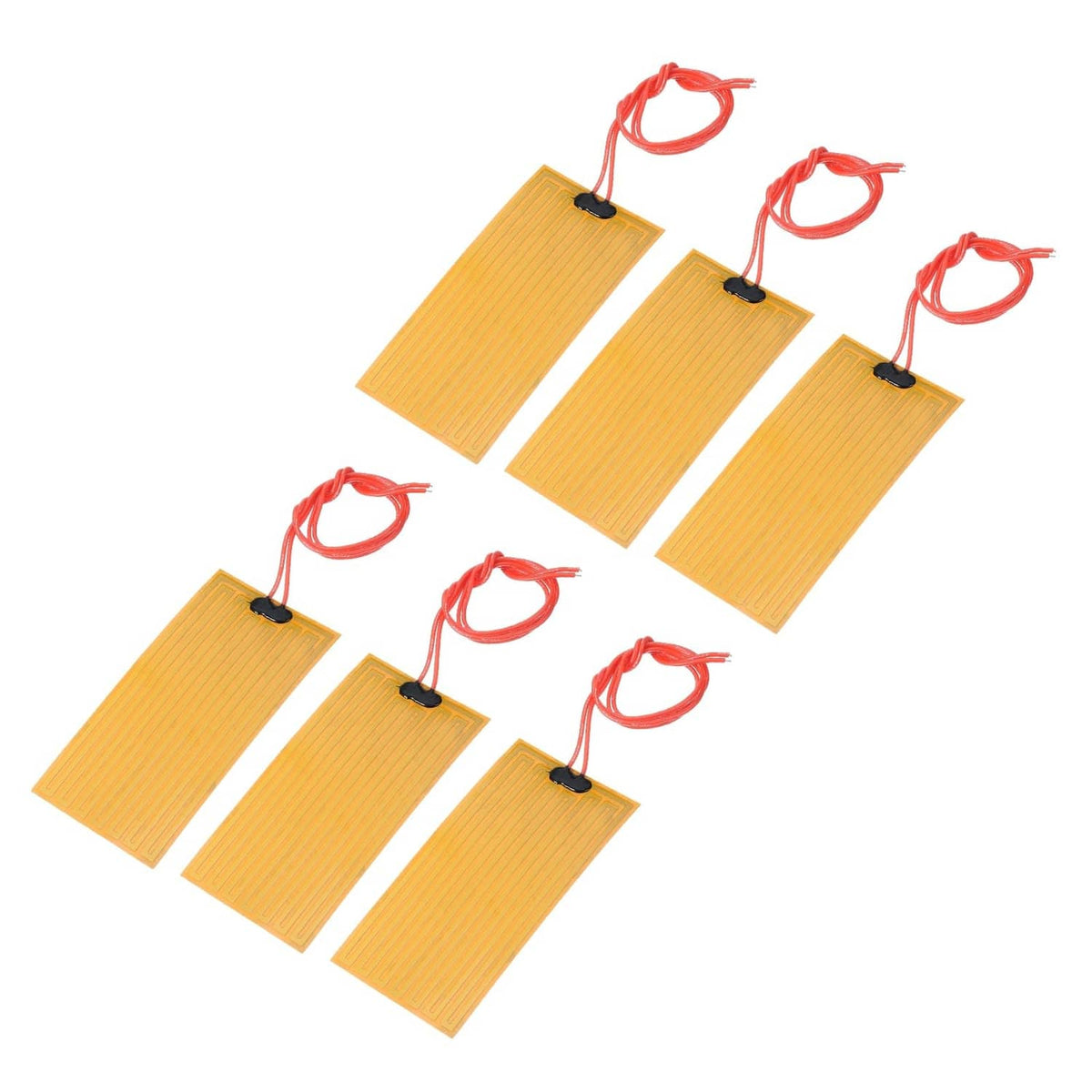 Set of flexible polyimide heater film pads with red wire leads and black connectors