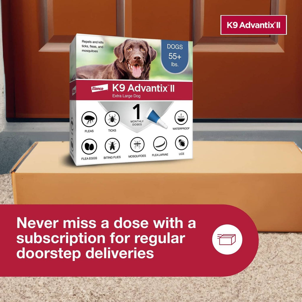 Flea and tick treatment box near doorstep with subscription delivery message